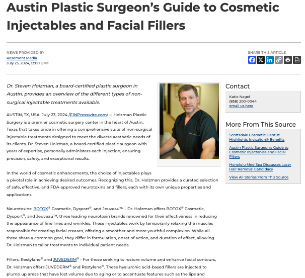 Learn more about cosmetic injectables and facial fillers with this informative guide from our Austin plastic surgeon, Steven Holzman, MD, FACS